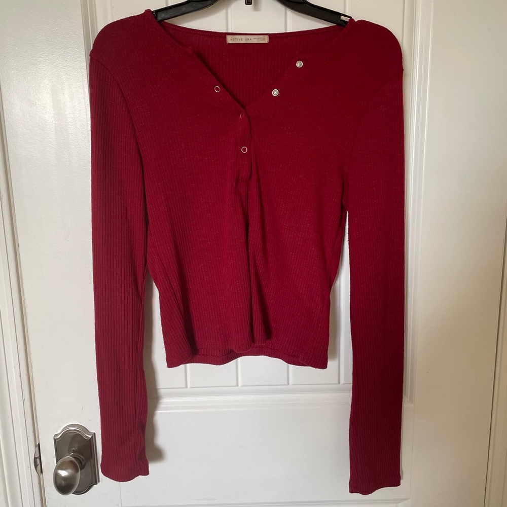red button-up sweater